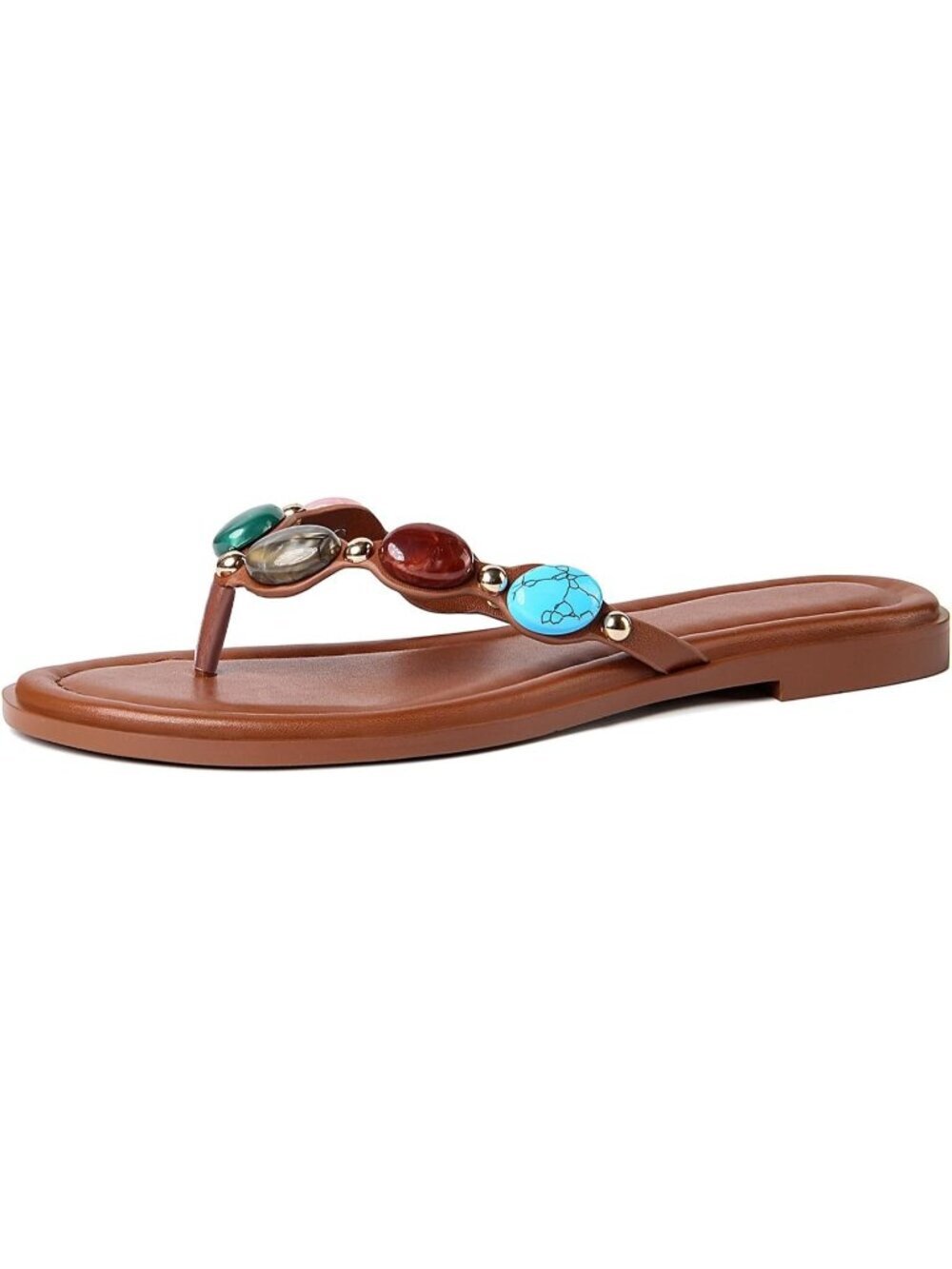 Women's Brown Polyurethane Open Round Toe Flip Flop Comfy Slip on Flats Sandals